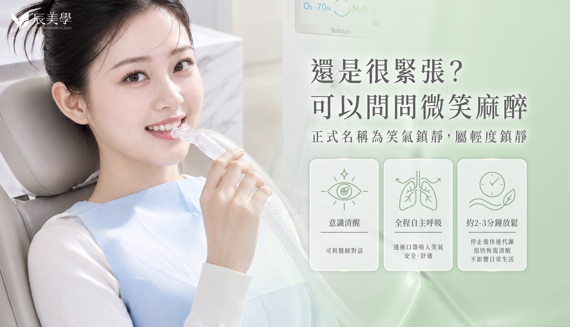 微笑麻醉笑氣鎮靜特性說明圖，輕度鎮靜、意識清醒、代謝快＿辰美學