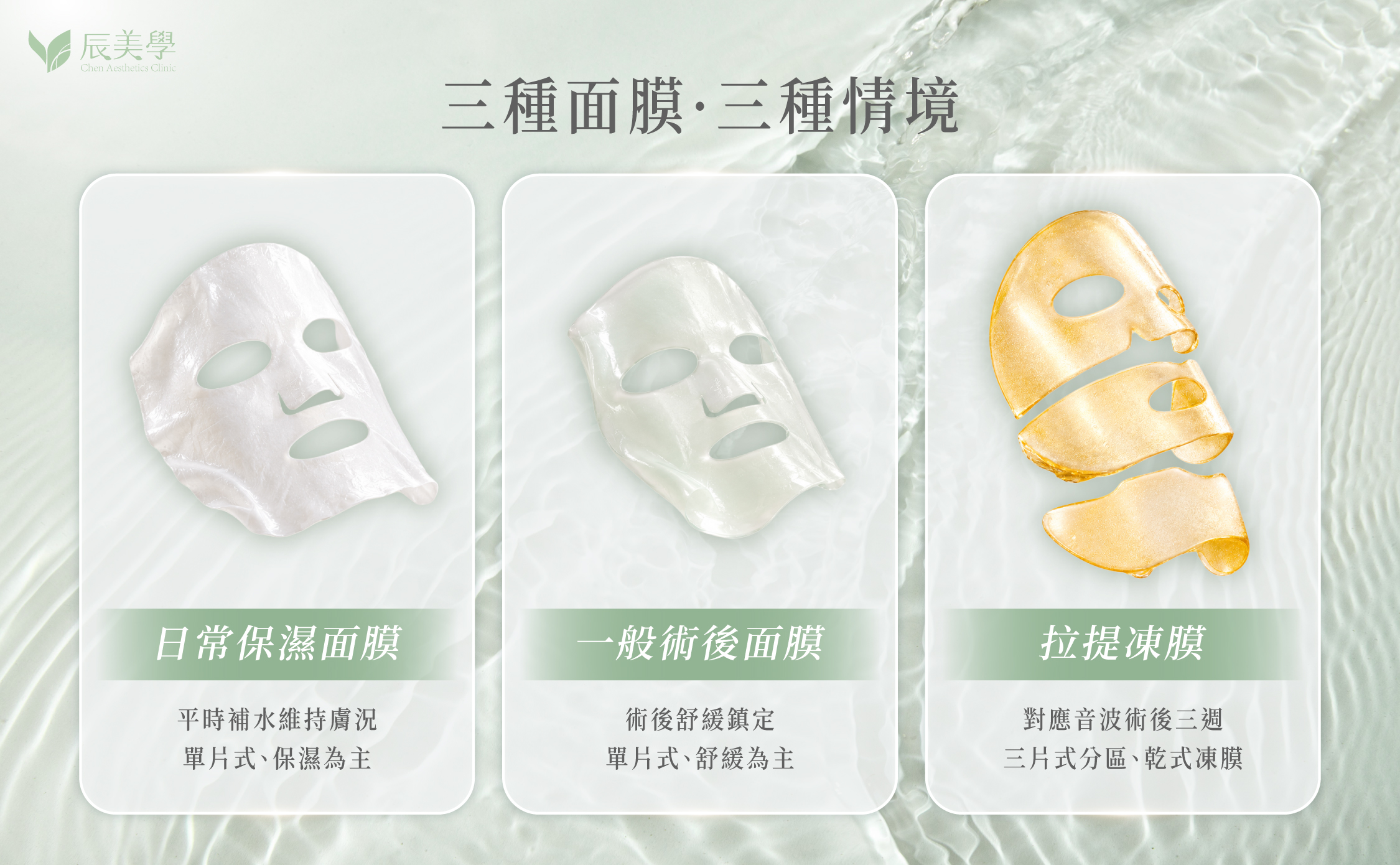 日常面膜、一般術後面膜與拉提凍膜比較圖＿辰美學