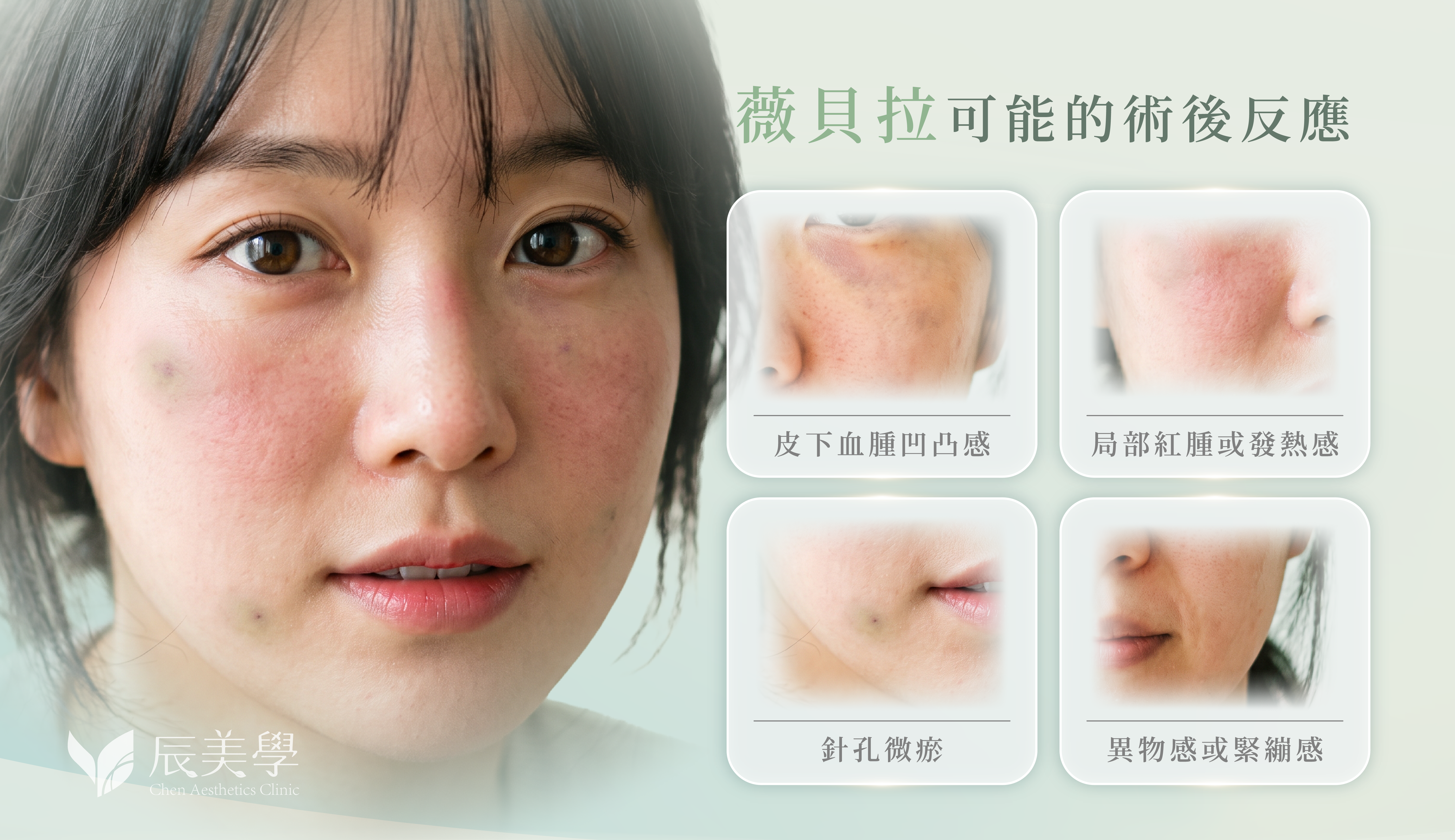 薇貝拉可能的術後反應：皮下血腫凹凸感、局部紅腫或發熱感、針孔微瘀、異物感或緊繃感