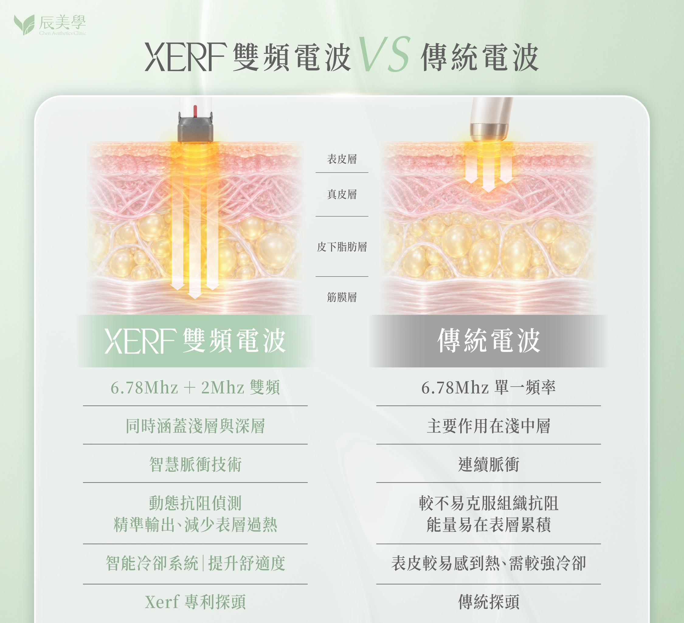 傳統單頻電波與 XERF 雙頻電波比較圖，呈現 6.78MHz 與 2MHz 穿透深度差異_辰美學