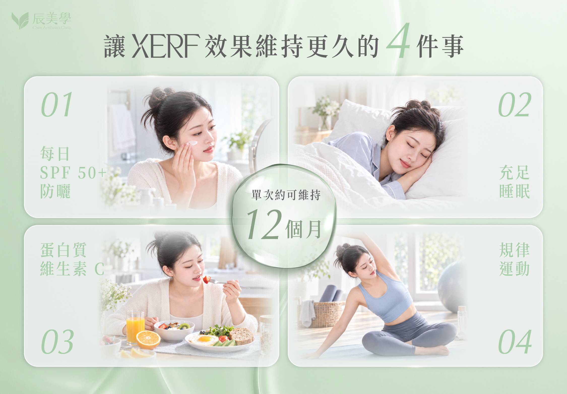 XERF 效果維持與日常保養示意圖，涵蓋防曬、睡眠、飲食與運動＿辰美學