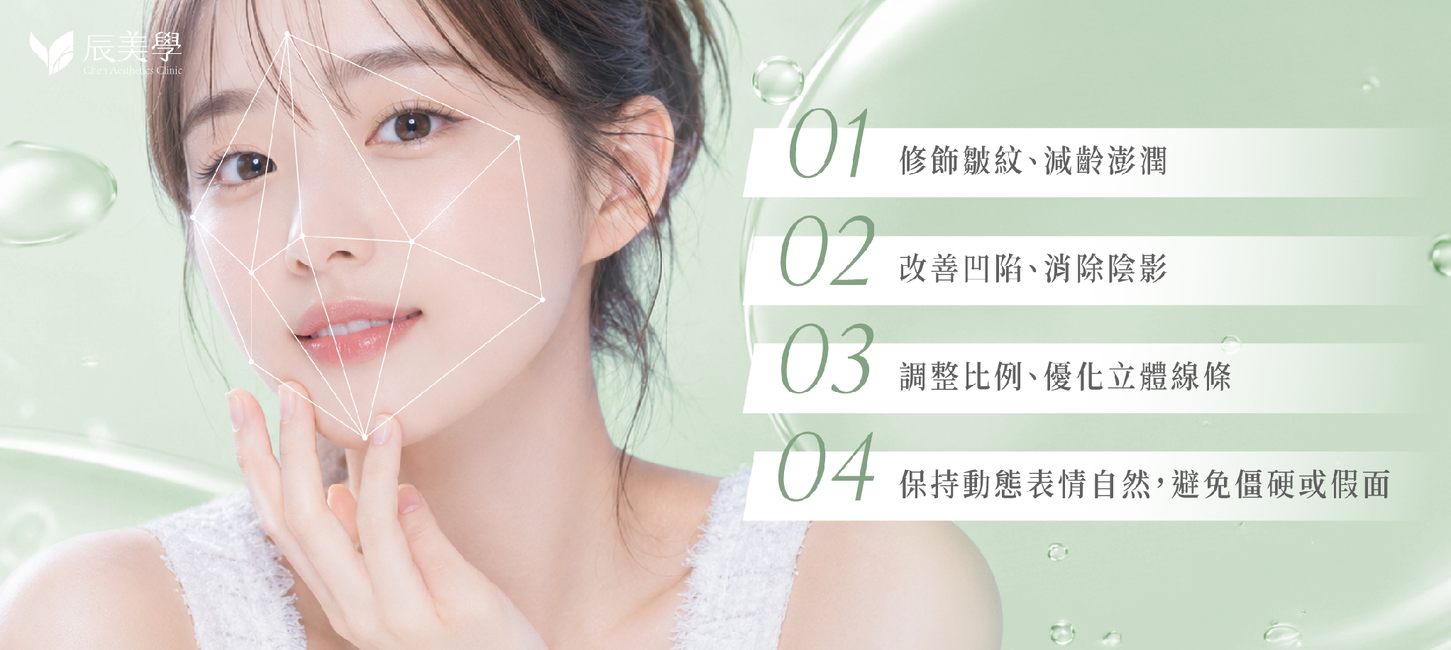 ▲ 修飾皺紋、改善凹陷、調整比例、動態表情自然 — 四大效果面向
