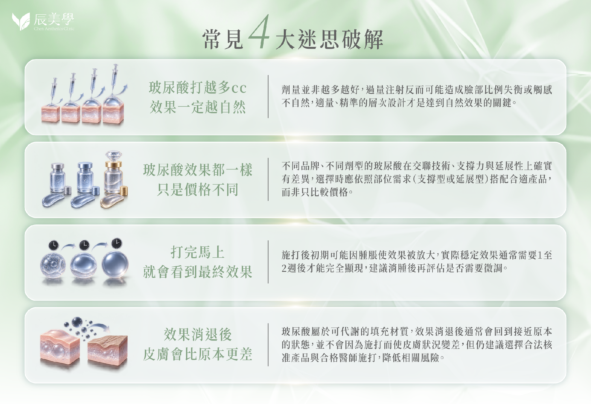 緹奧希玻尿酸常見4大迷思破解：迷思1玻尿酸打越多cc效果一定越自然、迷思2玻尿酸效果都一樣只是價格不同、迷思3打完馬上就會看到最終效果、迷思4效果消退後皮膚會比原本更差