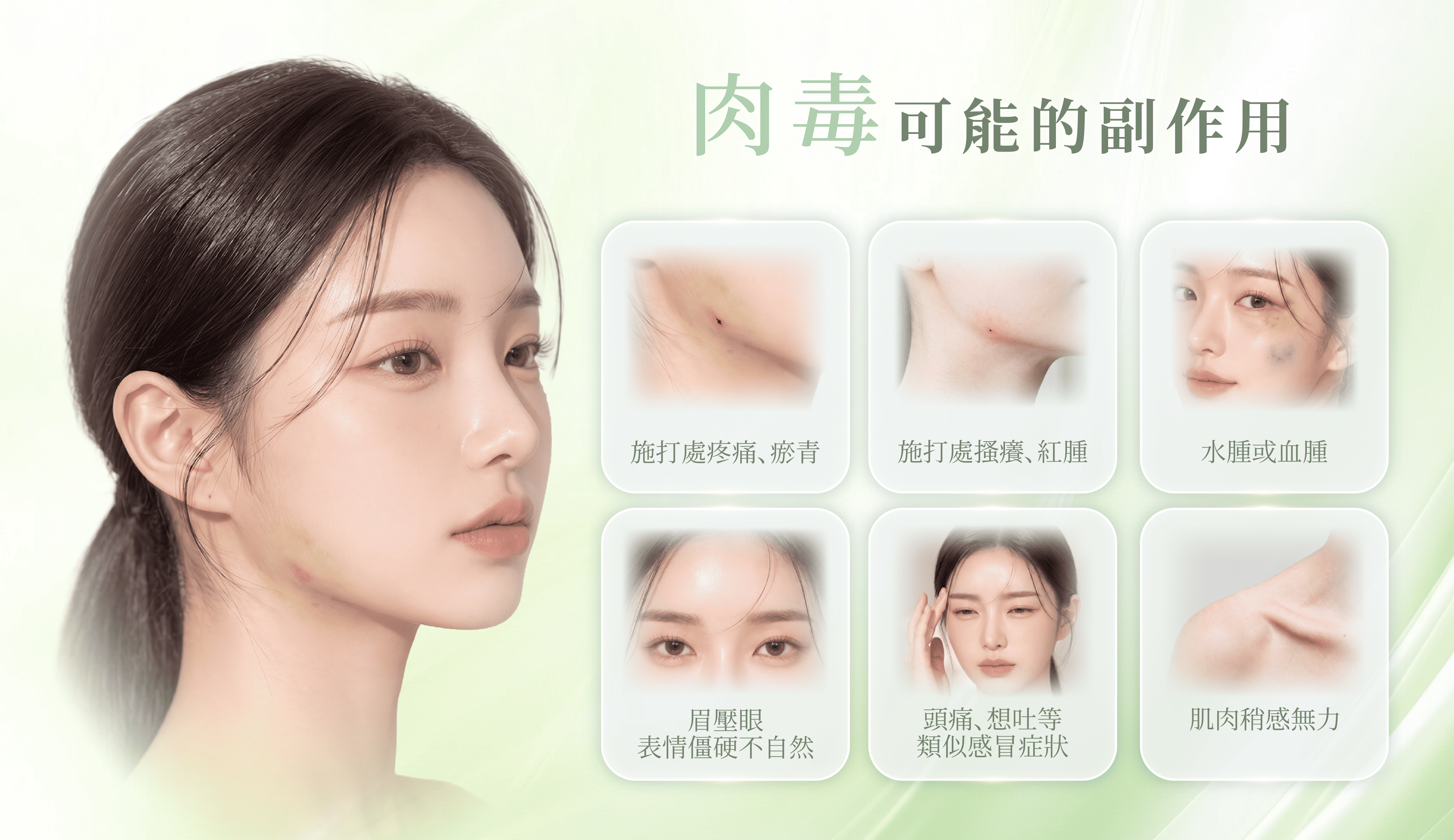 肉毒桿菌素6種可能副作用：施打處疼痛瘀青、搔癢紅腫、水腫血腫、眉壓眼表情僵硬、頭痛想吐、肌肉無力
